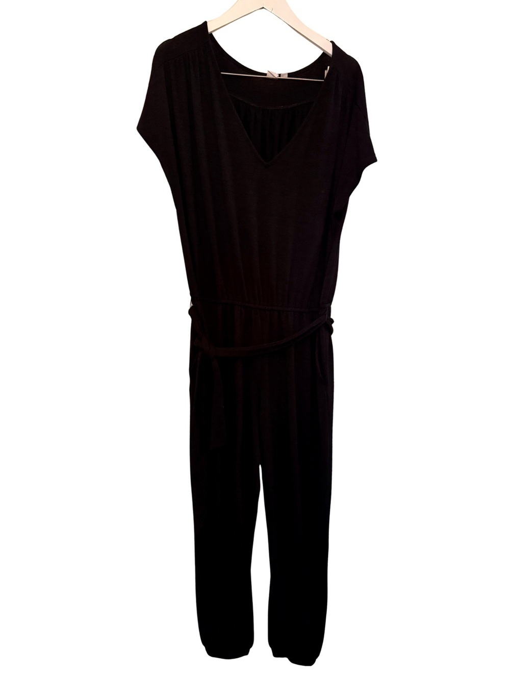 GAP Black V-Neck Jogger-style Jumpsuit — Dolman Sleeves, Waist Tie, & Pockets